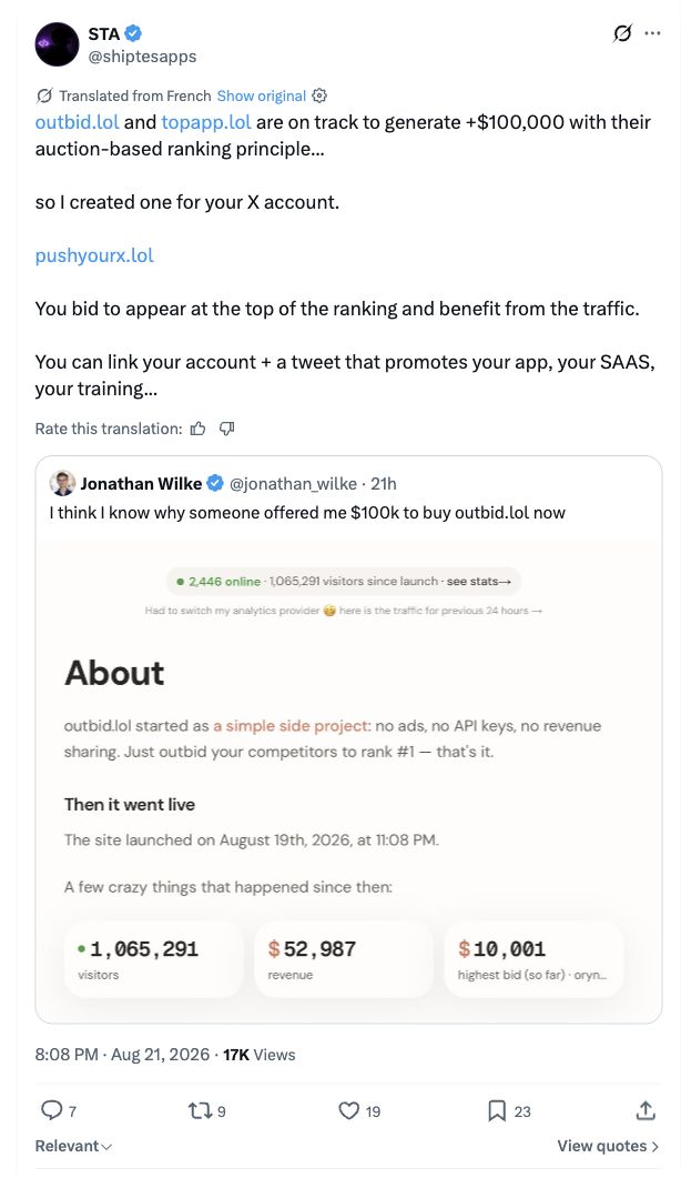 X post showing the topapp.lol and pushyourx.lol copywave