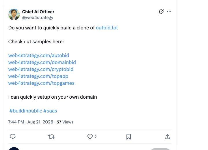 X post showing domainbid as an Outbid-style board